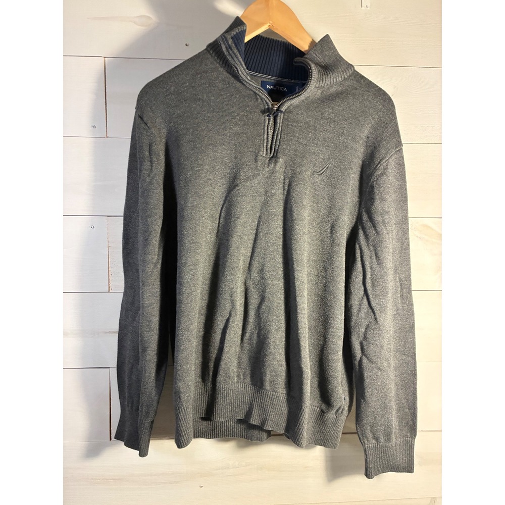 Nautica Mens Large Heather Gray Quarter Zip Cotton Viscose Pullover Sweater